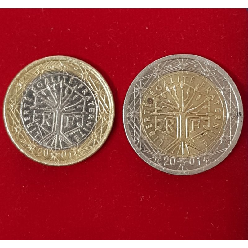 เหรียญ 1,2 ยูโรฝรั่งเศส ปี 2001 2 เหรียญผ่านใช้สภาพตามรูป