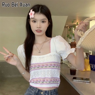 RUO BEI XUAN เสื้อยืดผู้หญิงเวอร์ชั่นเกาหลีของใหม่ส่วนสั้นบางแขนสั้นถักด้านบน