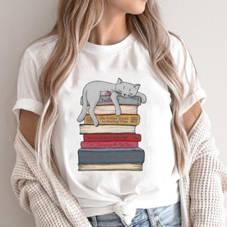 Clothing Short Sleeve Summer Top Women Books Cat Love Cartoon Female Clothes Basic Tee Print Graphic T Shirts Tops _07