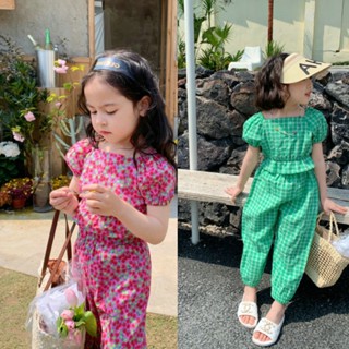 FiFi Baby พร้อมส่ง ชุด 2 ชิ้น ชุดเสื้อผ้า+กางเกง ชุดเด็กผู้หญิงลายสก๊อต แขนตุ๊กตา น่ารัก สวมใส่สบาย ไซส์(95-130cm)