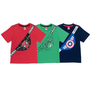 Marvel T-shirt Spider-Man Hulk Captain America  - เสื้อยืดเด็กผู้ชายลายมาร์เวล เสื้อติดกระเป๋า สไปเดอร์แมน ฮัค กับต_01