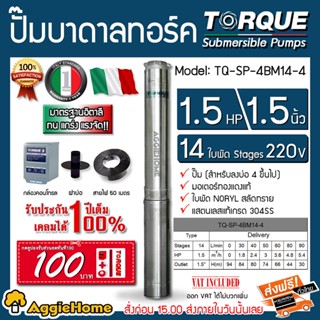 TORQUE ปั๊มบาดาล รุ่น TQ-SP-4BM14S (220V.) 1.5 นิ้ว 1.5 HP 14ใบ (สายไฟ 3X1.5+ฝาบ่อ1.5นิ้ว+กล่องคอนโทรล) บาดาล