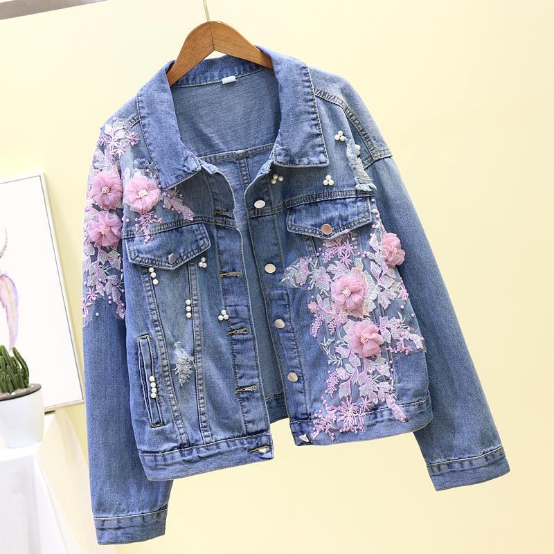 【imove】เสื้อแจ็กเก็ตยีนสั้น ทรงหลวม ปักลายดอกไม้ สามมิติ สไตล์เกาหลี สําหรับผู้หญิง
