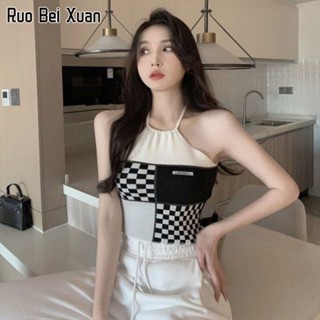 RUO BEI XUAN  เสื้อสายเดี่ยวสตรีสไตล์เกาหลีใหม่คอคล้องคอสั้นเสื้อสายเดี่ยวถัก