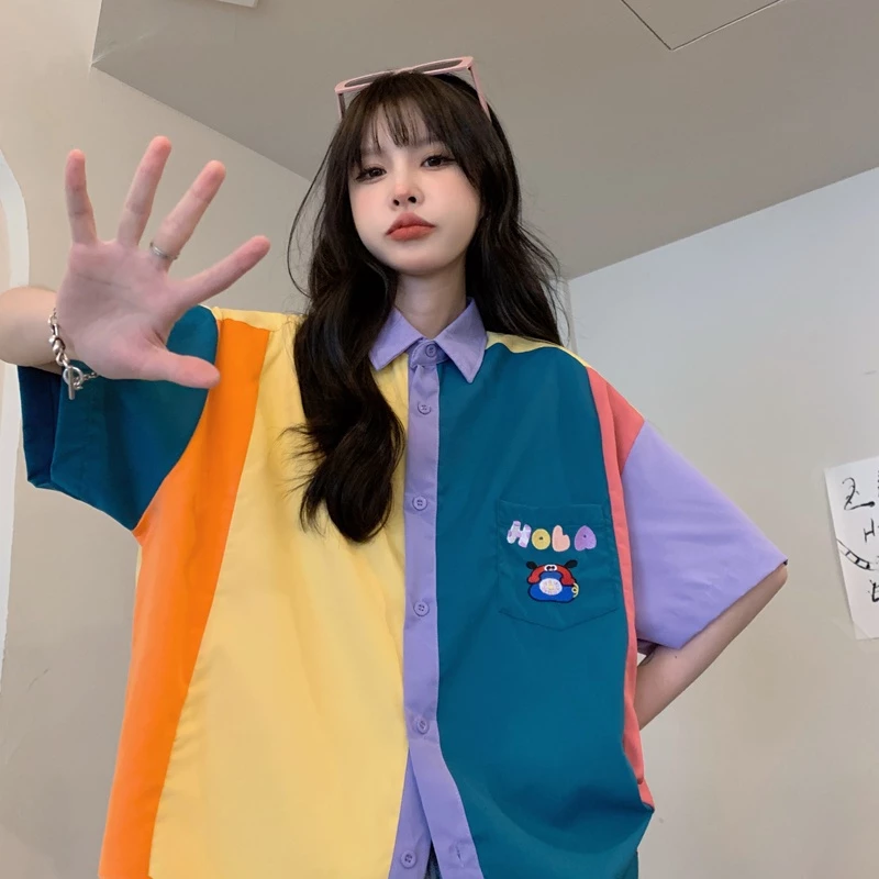 Rommers เสื้อเชิ้ตแขนสั้น ความยาวปานกลาง แบบบาง ทรงหลวม สีคอนทราสต์ สไตล์วินเทจ สําหรับผู้หญิง