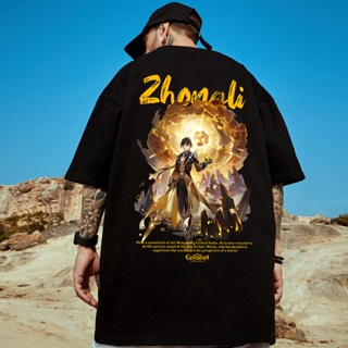 Summer Genshin Impact Zhongli Printing Casual Fashion Korean Oversized Shirt For Man Black White Short Sleeve Tshir_03