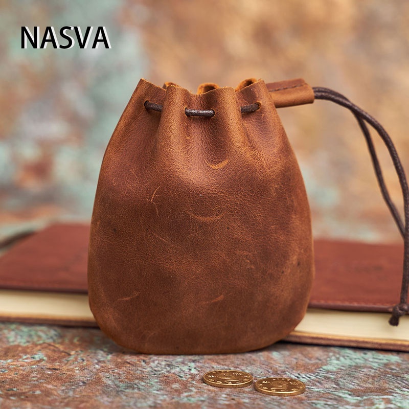 NASVA Handmade Original Crazy Horse หนังกระเป๋าเหรียญ Retro กระเป๋าสตางค์ขนาดเล็กของแท้หนังกระเป๋าเหรียญ Pure Cowhide Drawstring Drawstring กระเป๋าเก็บ
