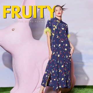 THONGYOY - Dress Qipao Feather Fruity เดรสกี่เพ้าแต่งขนนกลายผลไม้น่ารัก ใส่ตรุษจีน ฟรีไซส์