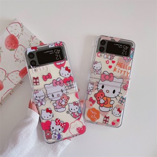 เคสโทรศัพท์มือถือ PC แบบแข็ง กันกระแทก ลายแมวสีชมพู สําหรับ Samsung Galaxy Z Flip 4 3 5G HELLO KT