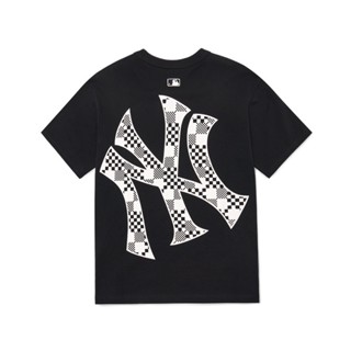 MLB เสื้อยืดลาย NY หมากรุกแขนสั้นเหมาะทั้งผู้ชายและผู้หญิง เสื้อยืด Over size