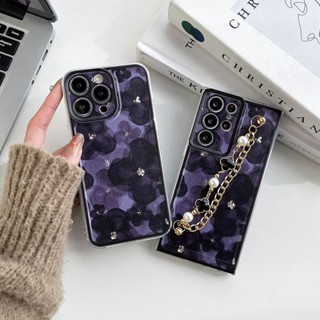 เคสโทรศัพท์มือถือ แบบนิ่ม ลายดอกไม้ มีสายคล้อง สีม่วง สีดํา สําหรับ Samsung Galaxy S10 S20 S21 S22 FE Plus Ultra Note 10 20 Ultra Pro 4G 5G