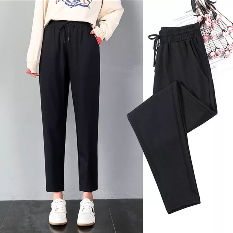 Hitam กางเกงธรรมดาผู้หญิง สีดํา Drawstring IMPORT 2XL-4XL ผู้หญิง