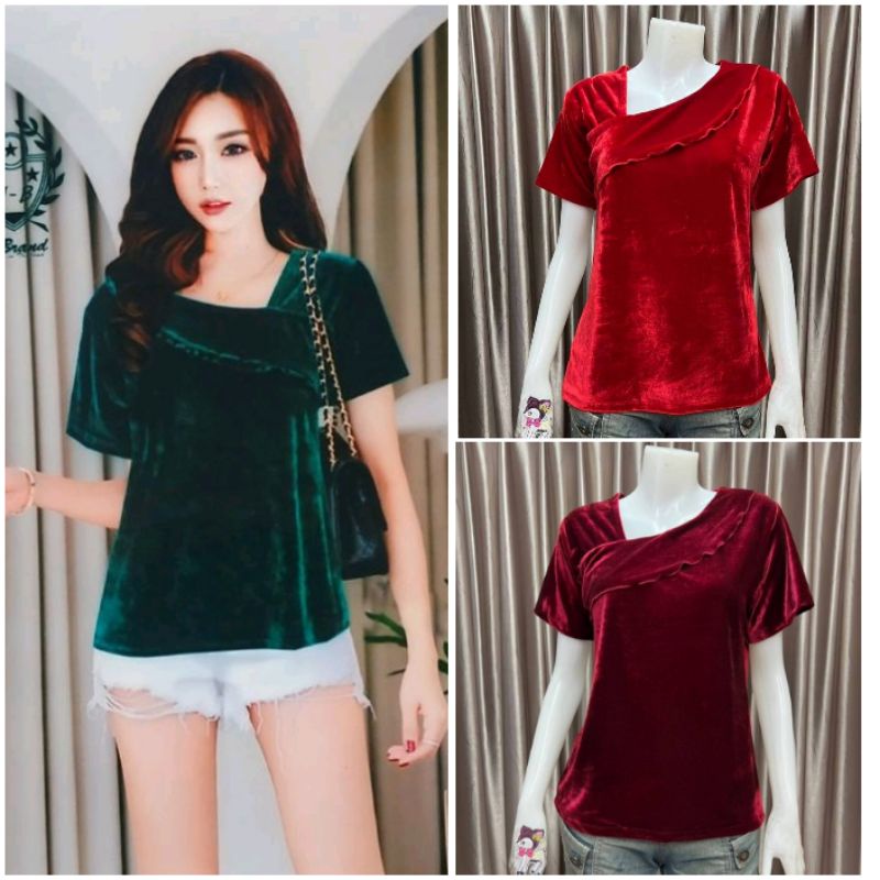 พร้อมส่ง  เสื้อยืดกํามะหยี่ รุ่นคอระบาย แขนสั้น. ผ้าดีทรงสวย.