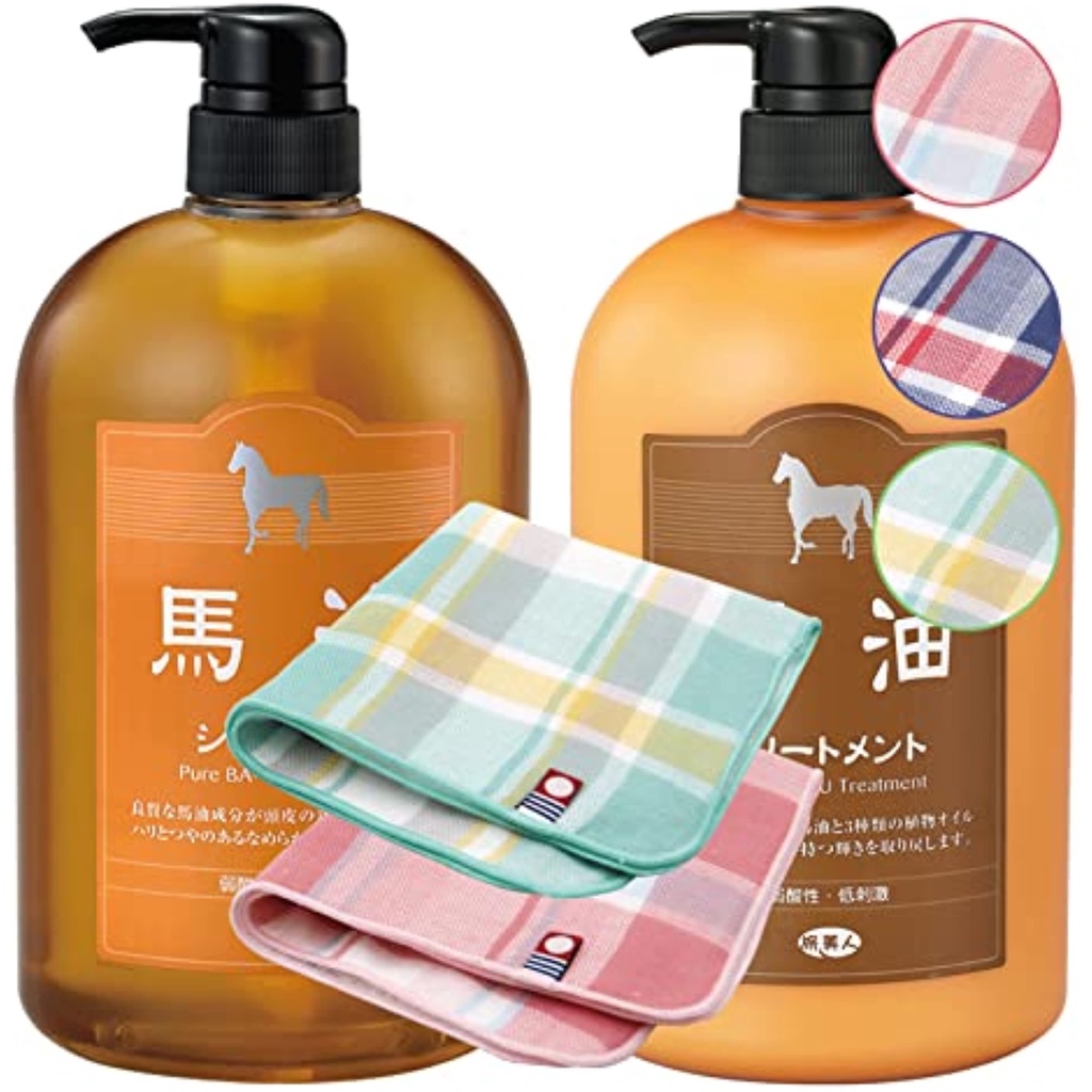 【Direct from Japan】Azuma Corporation Horse Oil Shampoo &amp; Horse Oil Treatment Beauty Bottle 2 Points Set [Imabari Towel Handkerchief with 2 sheets]
