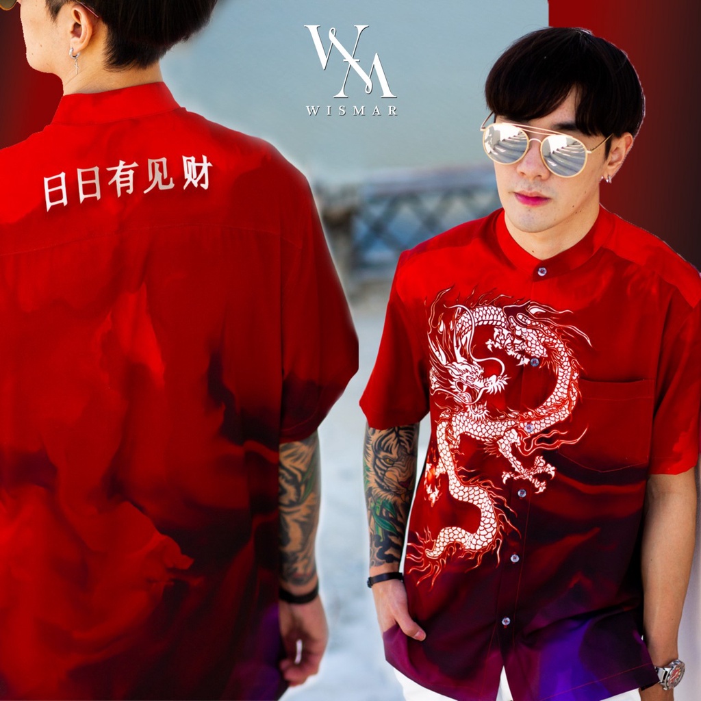 ตรุษจีน เสื้อเชิ้ตคอจีน มังกรเงิน : Hawaii Silver Dragon Marble Shirt (Short-sleeved)