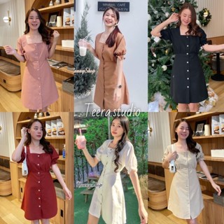 Teera❤️พร้อมส่ง✨Basic Dress🍭เดรสคอเหลี่ยมลินิน ผูกโบว์หลัง ป้ายNanny แต่งกระดุม แกะได้ทุกเม็ด