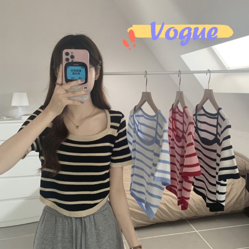 Vogue พร้อมส่ง เสื้อไหมพรมแขนสั้น คอกลม ลายทางดีเทลปลายโค้งเก๋ๆ (6A309) -C