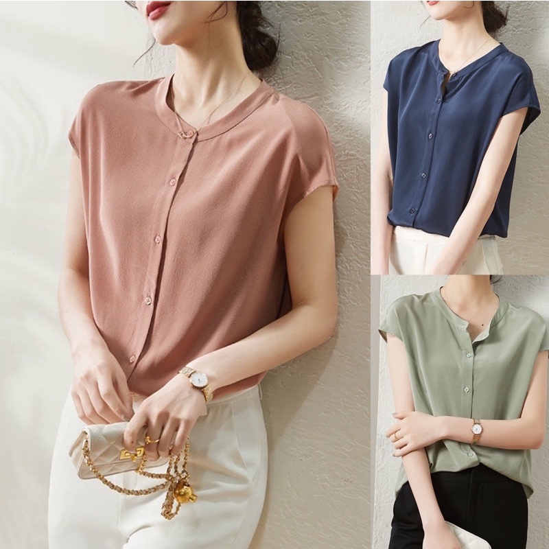 เสื้อเชิ้ตแขนสั้น คอกลม ผ้าเรยอนเทียม แฟชั่นสําหรับผู้หญิง