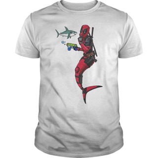 Marvel Deadpool Deadpool Mermaid With Shark Week Men T shirt unisex tee cotton_02