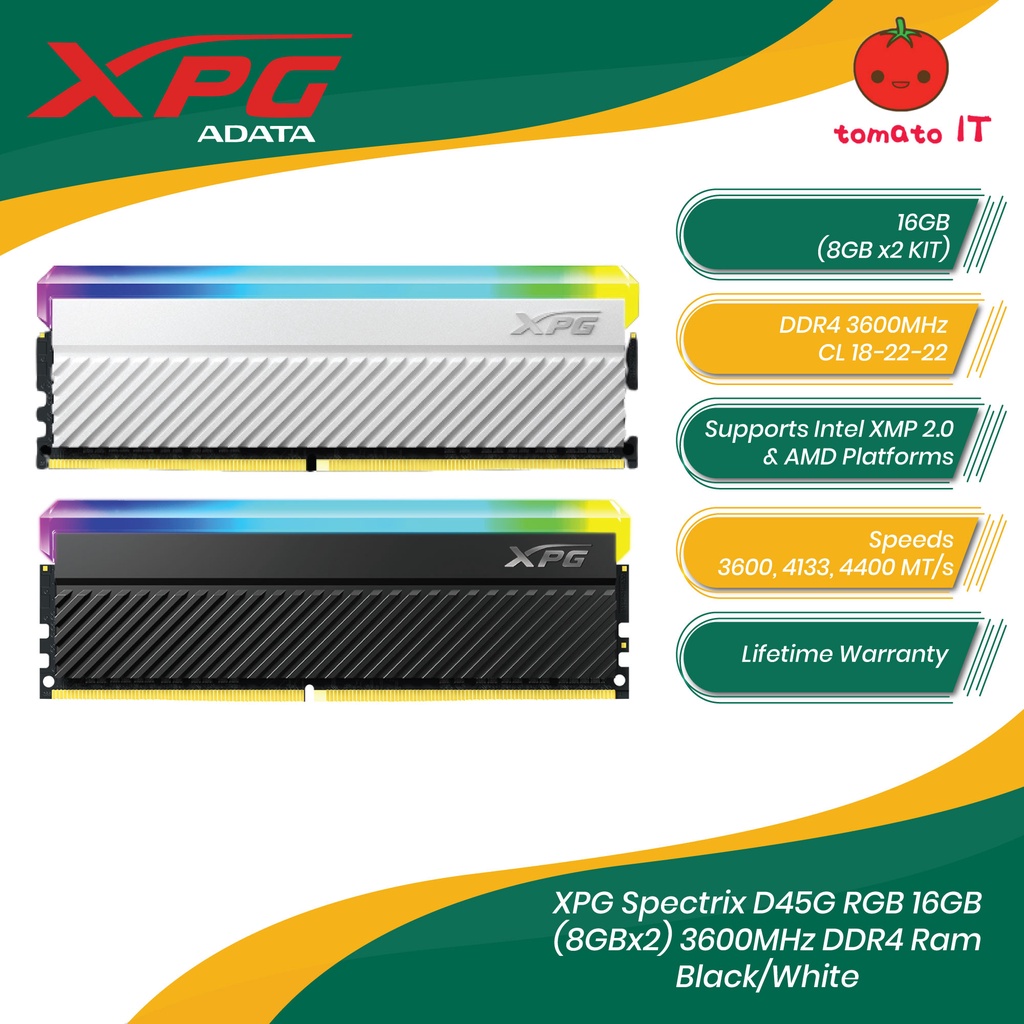 Xpg Spectrix แรม D45G RGB 16GB (8GB x2 Kit) 3600MHz DDR4 - สีดํา/สีขาว