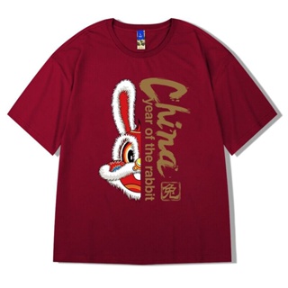 ขายปีใหม่S-5XL 2023 Chinese New Year Rabbit Year Red d Cotton Men T Shirt Youth Short Sleeved Ulzzang  Tshirt Plus Size