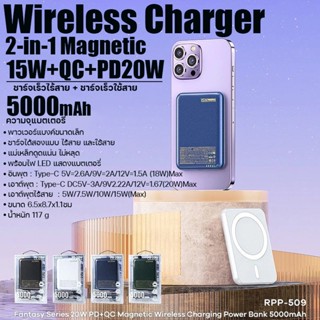 พาวเวอร์แบงค์ แบตสำรอง มินิ รุ่น RPP-509 ชาร์จเร็ว PD20W ความจุ5000mAh ที่ชาร์จไร้สาย มีไฟบอกแบต ขนาดเล็ก พกพาสะดวก