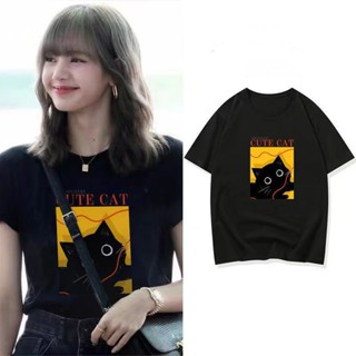 Lisa Star with the Same Cat Black Short-sleeved T-shirt Womens 2022 Summer Korean Version of the New T Niche Desig_07