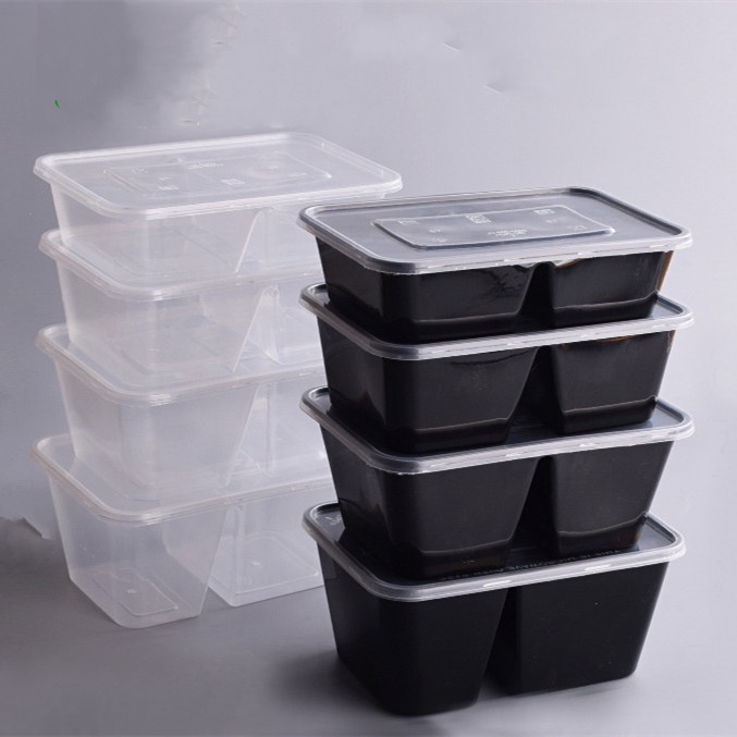 (แพ็ค 25 ใบ) กล่องอาหาร+ฝา 2 ช่อง ดำ 2F750-B กล่องข้าวพลาสติกเข้าเวฟได้ (LOY)
