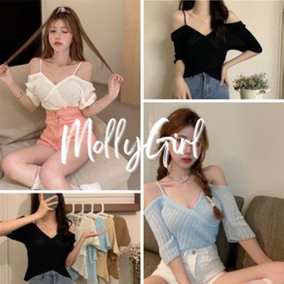 Mollygirl เสื้อโชว์ไหล่สุดคิ้ววเกาหลีสุด เสื้อแขนยาว เสื้อแฟชั่นผญ 6533-1#