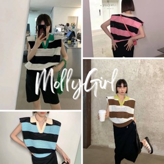 Mollygirl เสื้อคอปกไหมพรมลายทางสไตล์เกาหลี A1065#