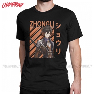 Zhongli Genshin Impact T-Shirts for Men Anime Game Funny 100% Cotton Tee Shirt O Neck Short Sleeve T Shirts Summer _05