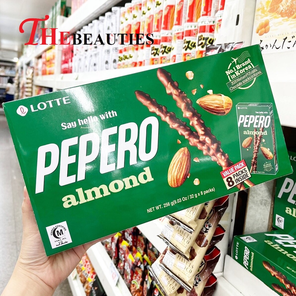 🔥🔥🔥   Lotte PEPERO Almond &amp; Chocolate 256 G.  (32g x8 packs) ป๊อกกี้เกาหลี ลอตเต้ขนมแท่งเคลือบช็อกโกแลต&amp;อัลมอนด์
