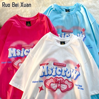 RUO BEI XUAN เสื้อยืดสตรีแขนสั้นพิมพ์ลายตัวอักษรเสื้อยืดแฟชั่นเกาหลีหลวมด้านบน