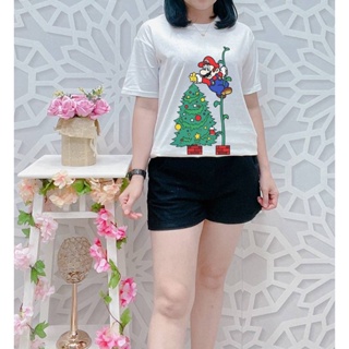 [S-5XL]ผ้าฝ้าย 100% เสื้อยืด พิมพ์ลาย Mario BROS CHRISTMAS สไตล์โรแมนติก สําหรับผู้หญิง