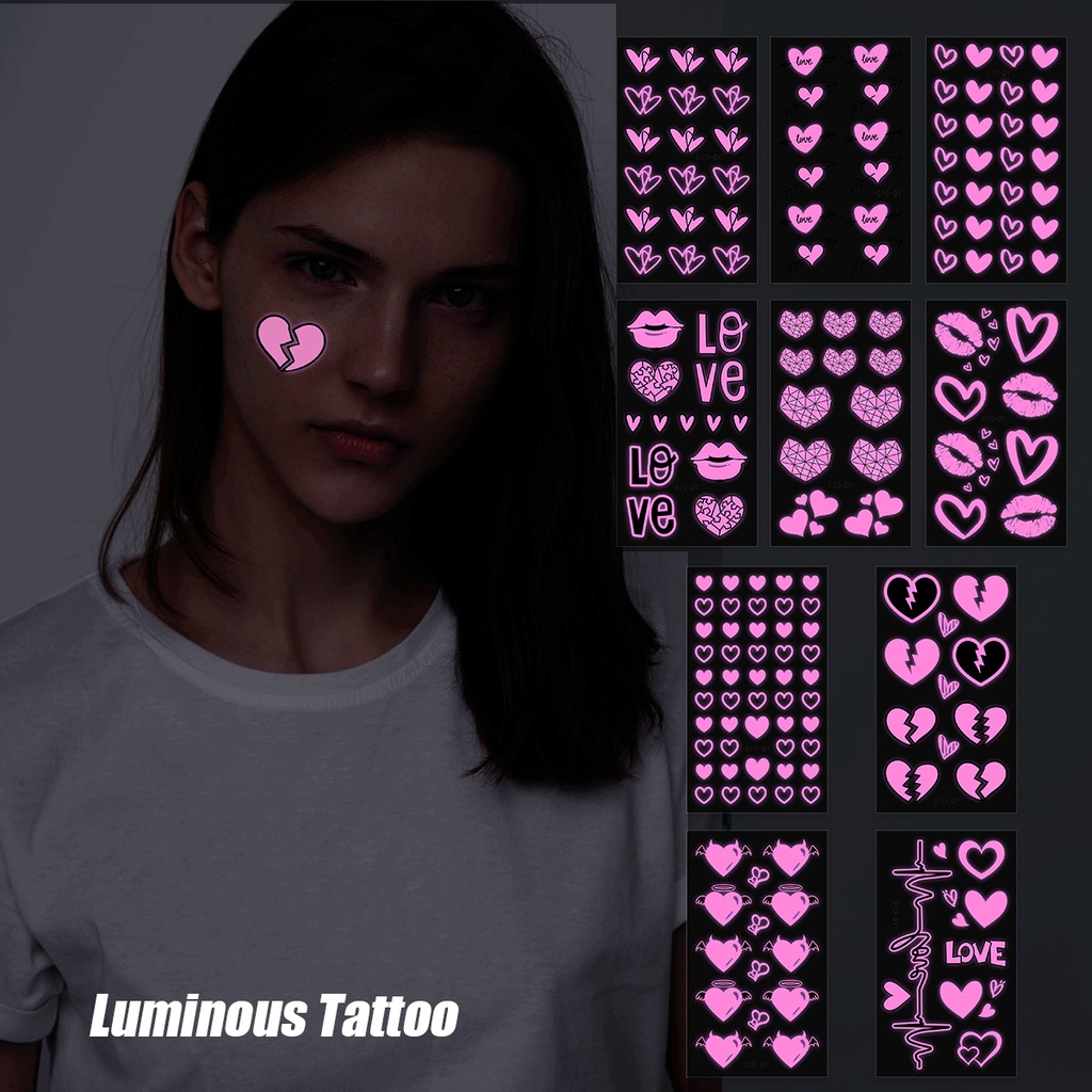 สติกเกอร์รอยสักชั่วคราว แบบเรืองแสง ลายหัวใจ สีชมพู กันน้ํา เหมาะกับวันวาเลนไทน์ แฟชั่นสําหรับผู้หญิง