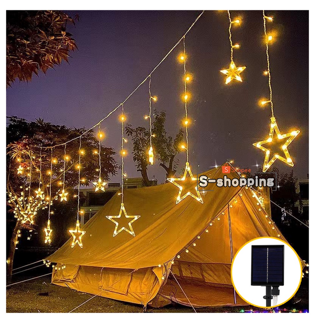 Warm White  ไฟผ้าม่าน Star 3.5m 126led 8โหมด ไฟตกแต่งบ้าน ใช้พลังงานแสงอาทิตย์โซล่าเซลล์  เพิ่มความสวยงาม