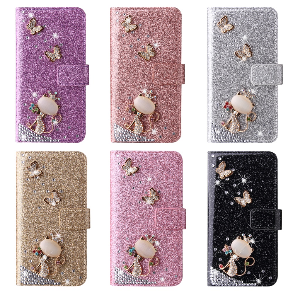 เคสโทรศัพท์หนัง ฝาพับ ลายสุนัขจิ้งจอก ประดับเพชร พร้อมช่องใส่บัตร สําหรับ Samsung Galaxy S24 S23 S22 Ultra S23 FE S24+ S23+