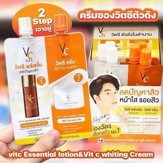 ใหม่ VC ครีมซองคู่น้องฉัตร pre-serum& whitening cream กล่องx6 ซอง