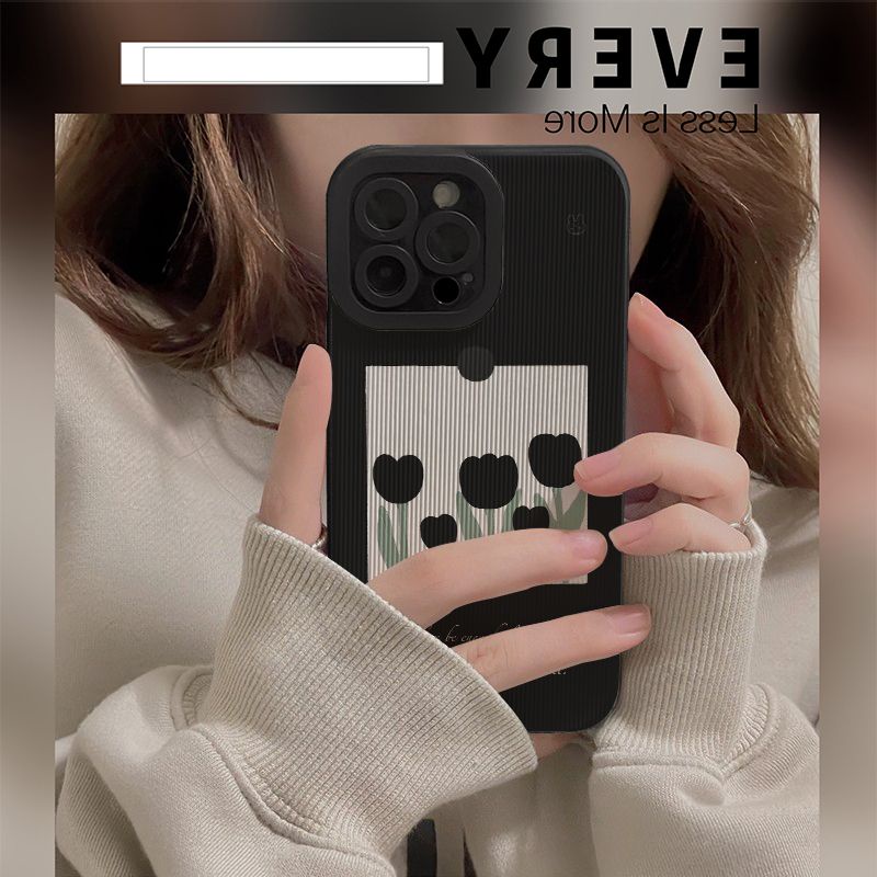 เคสซิลิโคนนิ่ม ลายดอกไม้ สีดํา กันกระแทก สําหรับ iphone 11 14 promax 14 pro 12 13 6 7 8plus X max
