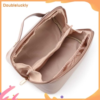 ❀Doubleluckly❀ กระเป๋าเครื่องสำอางแบบพกพาซิปกรณีแต่งหน้าผู้หญิงสาวอุปกรณ์อาบน้ำกระเป๋า (สีกากี)