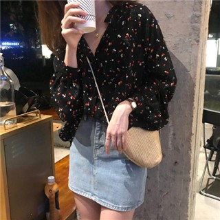 เสื้อเชิ้ต คอวี ผ้าชีฟอง ลายดอกไม้ ทรงหลวม สไตล์เกาหลี