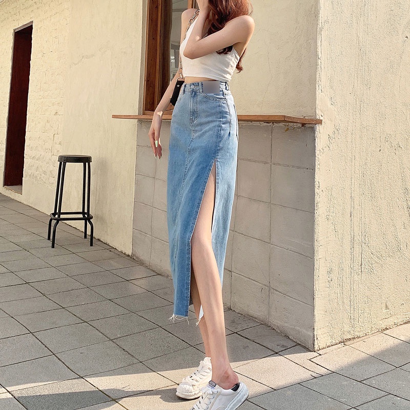 กระโปรงยีนส์  ส่งจากไทย ครบสี กระโปรงยาวทรงเอง ผ่าข้าง เอวสูง ผู้หญิง สีฟ้าอ่อน สีดำ - รูปที่ 3