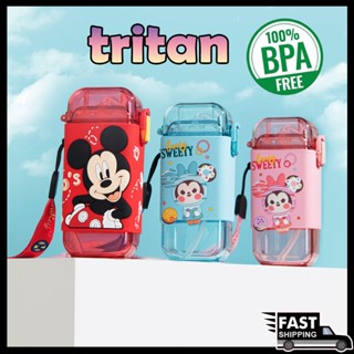 ขวดน้ําเด็ก DISNEY พร้อมหลอด ไร้ BPA ทรงสี่เหลี่ยม ขนาด 280 มล. แบบพกพา กันรั่ว สําหรับเด็ก