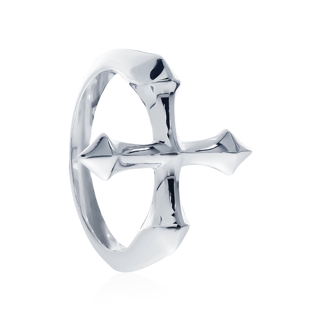 the Glory Cross ring - Medium White แหวนเงินแท้ 925 แกะมือขัดเงาพิเศษ ชุบไวท์โกลด์ ลายไม้กางเขน