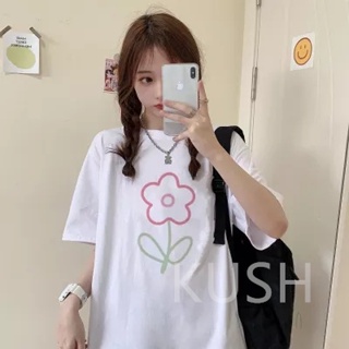 KUSH เสื้อยืดแขนสั้นพิมพ์ลายเรียบง่าย 2023 ฤดูร้อนใหม่เวอร์ชั่นเกาหลีหลวมนักเรียนฝ้ายเสื้อยืดด้านบน KU321