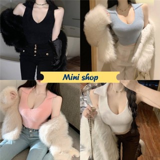 Mini shop🌸พร้อมส่ง🌸(93002)เสื้อกล้ามไหมพรมคอปก คอวี ผ้าขนมุ้งมิ้ง น่ารักมาก