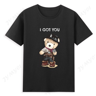 รูปแบบหมี Man T เสื้อ Kawaii ผู้หญิงแขนสั้นอะนิเมะหมีสัตว์พิมพ์ลายผ้าฝ้าย Unisex สีดำS-5XL