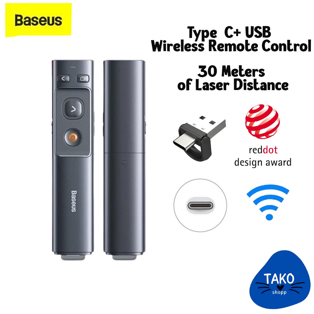 พร้อมส่ง 💙จากไทย💙Baseus รีโมทพรีเซนไร้สาย Type c + USB Wireless Remote Control Presentation Laser Po