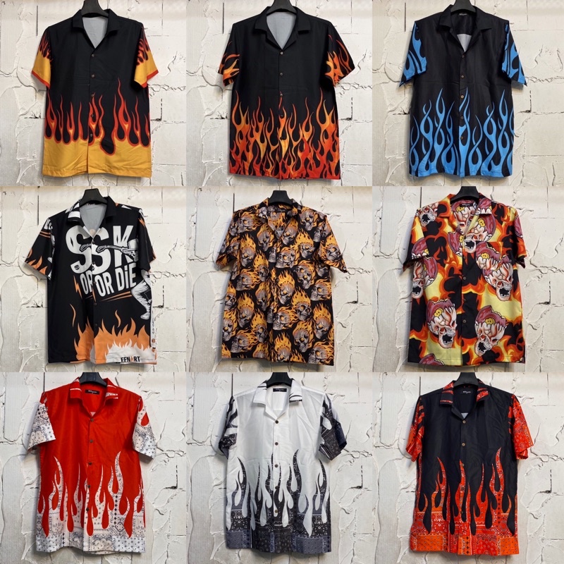 เสื้อฮาวายลายเปลวไฟ hawaii ไซส์ m l xl 2xl 3xl 4xl ผ้าไหมซาตินอิตาลี่ % ผ้านิ่มสวมใส่สบายไม่ร้อน ใส่ได้ทั้งชายและหญิง