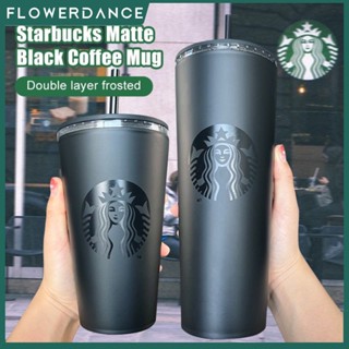 473Ml/710Ml Starbucks Tumbler เย็นถ้วย Tumbler แก้วพลาสติกด้วยฟางพลาสติกสองชั้นเคลือบสีดำ Starbucks Flowerdance